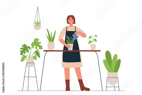 Happy woman watering plants. Florist or gardener caring of flowers. Gardening. Vector flat illustration