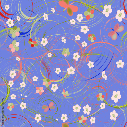 Seamless sketch pattern with abstract colorful flowers and butterflies on blue background