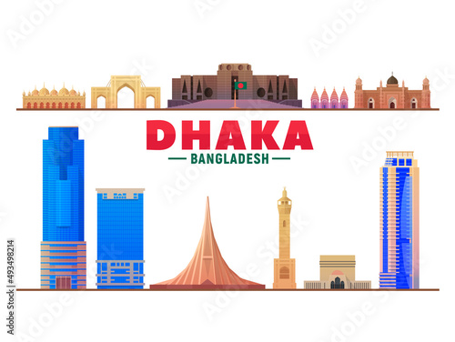 Dhaka city ( Bangladesh) top landmarks at white background. Vector Illustration. Business travel and tourism concept with modern buildings. Image for banner or web site.
