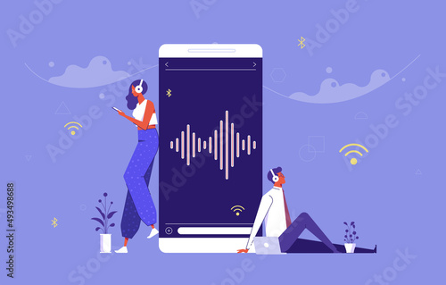 man and  woman are listening to music on their smartphone, Concept of online music entertainment
