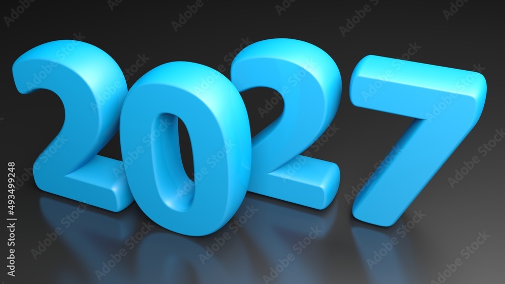 2027 blue write on black glossy surface - 3D rendering illustration - obrazy, fototapety, plakaty 