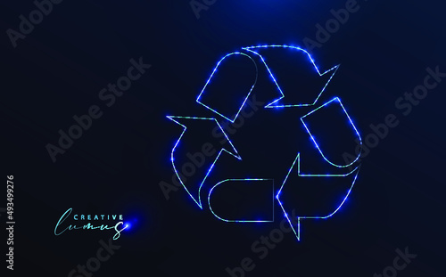 Recycle arrows icon starry. Stylized symbol on blue background. Silhouette with starlight in the universe. Eco symbol, holographic style.	