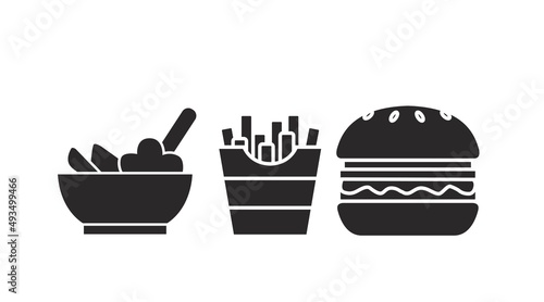 Food Icon Set with salad, burger and fries. Vector isolated editable flat illustration set