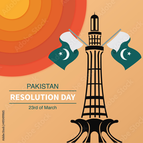 Pakistan Resolution Day Background with Sun, Flags and Minar-e-Pakistan 