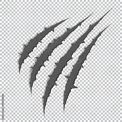Illustration of claw scratches isolated on transparent background. Traces of scratches of the claws of a wild predator
