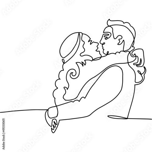 One line drawing of hugging couple - young woman and man. First kiss concept. Continuous one line drawing vector illustration.