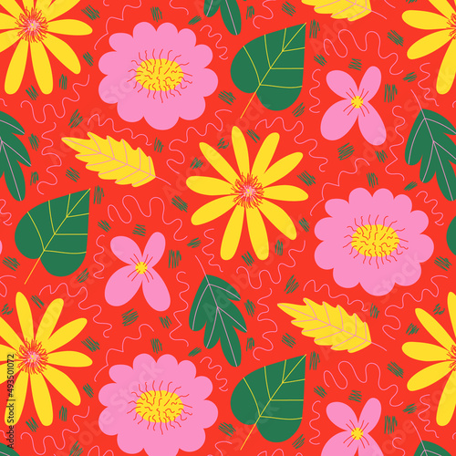 Bright floral pattern. Texture in doodle style. Pink  orange  green and yellow. Print for printing and decoration.