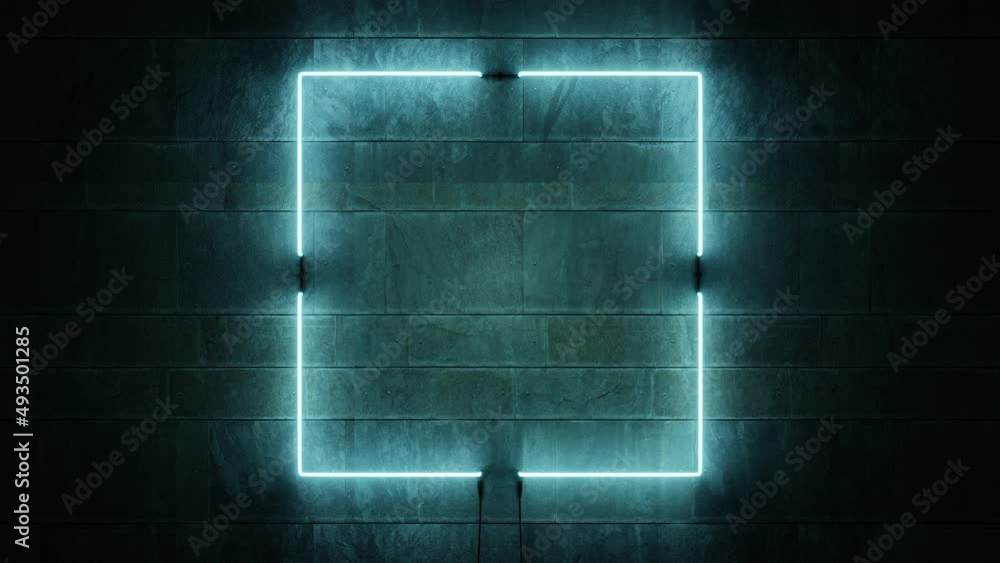 Blue flickering neon frame on modern stone wall. Light square 3d rendering Blue flickering neon frame on modern stone wall. Light square 3d rendering