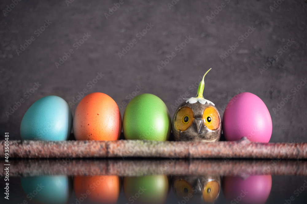 Easter decoration concept: little owl with a flower on a head in a row with colorful blue, orange, green and pink eggs on dark grey stone background