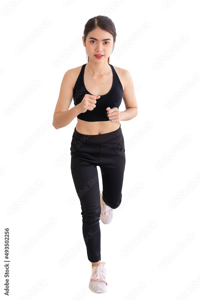 Southeast Asian woman in black workout clothes running with white background. Southeast Asian woman in black workout clothes running with white background.