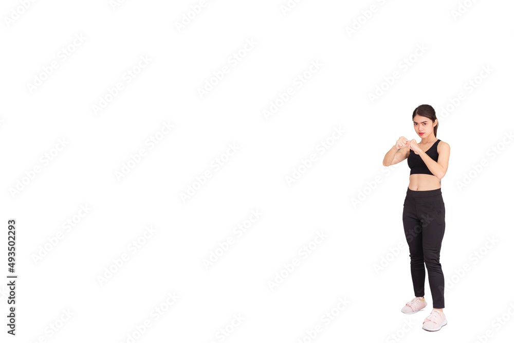 Southeast Asian woman wearing black gym clothes is doing boxing and white background.