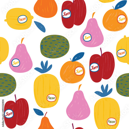 Fototapeta Naklejka Na Ścianę i Meble -  Trendy colourful of Fresh summer fruits, Mixed fruits apples,Orange,Lemon,Pomelo ,pineapple and Melon Hand drawn brush strokes style, seamless pattern vector, fashion design, fabric, wallpaper,wrap