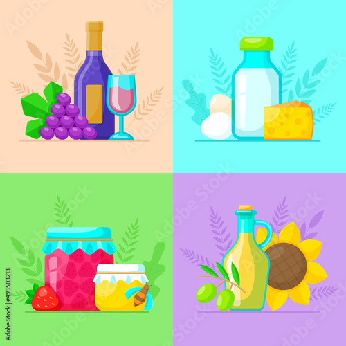 Set of agriculture icons in flat style. Set of food and drink icons. Vector illustration