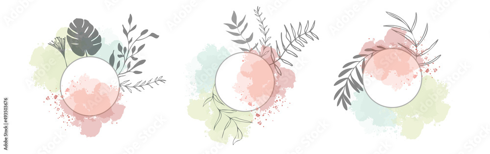 Set of floral frames with different grasses, ferns and leaves. Wreaths with ornaments and watercolor effects. Element design. Vector illustration and minimalistic plant set. Hand drawn. Set of floral frames with different grasses, ferns and leaves. Wreaths with ornaments and watercolor effects. Element design. Vector illustration and minimalistic plant set. Hand drawn.