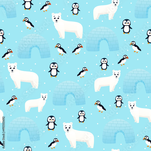 Seamless childish pattern with polar bear, penguin and puffin. Creative kids design. Perfect for fabric, textile