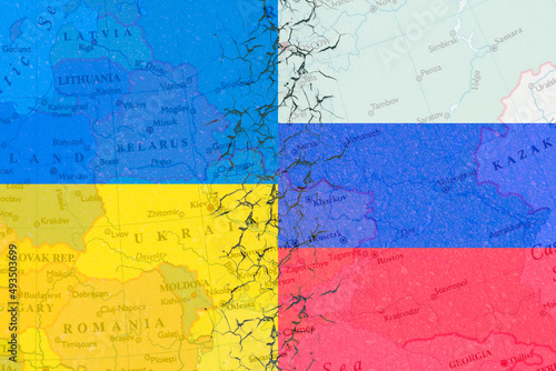 Ukraine VS Russia national flags icon isolated on broken weathered cracked concrete wall background. Ukraine War Poster