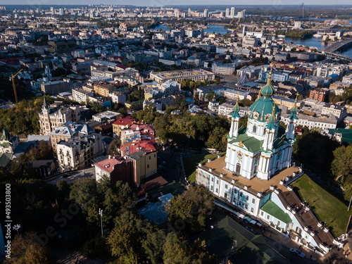 Fototapeta Naklejka Na Ścianę i Meble -  Aerial top view to St Andrew Church in Kiev