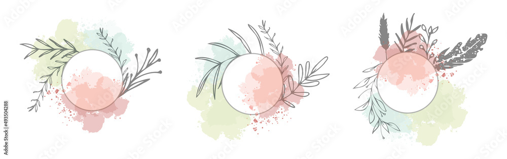 Fototapeta premium Set of floral frames with different grasses, ferns and leaves. Wreaths with ornaments and watercolor effects. Element design. Vector illustration and minimalistic plant set. Hand drawn.
