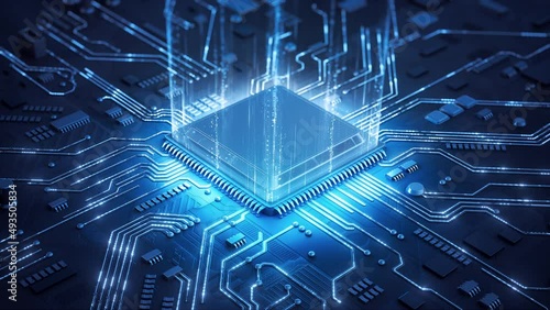 Central Computer Processors CPU concept. Motherboard digital chip. Technological and scientific blue background. Integrated communication processor. 3D animation