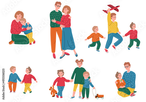 Set of family portraits. Walk outdoors in the park. A couple, father and daughter, mother and son, brothers and sisters, and all together. Vector illustration in cartoon style