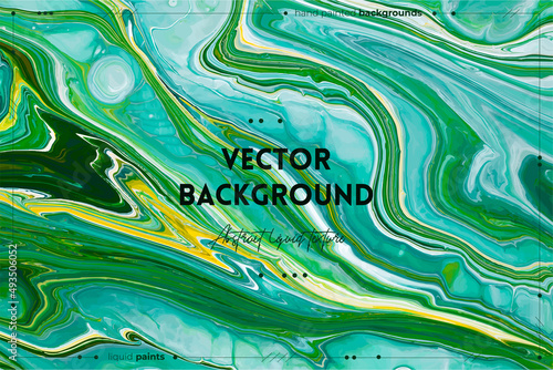 Fluid art texture. Background with abstract iridescent paint effect. Liquid acrylic artwork with colorful mixed paints. Can be used for background or poster. Green, blue and white overflowing colors.