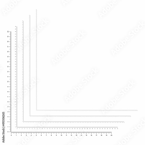 Vector illustration of corner rulers from 0 to 20, 40, 60, 80 and 100 cm isolated on white background. Set of measure instrument lines in flat style. Vertical and horizontal measuring scales.