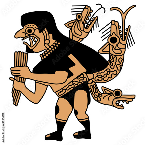 Fantastic fanged man with snake girdle playing flute. Native American art of Moche Indians from ancient Peru. Indigenous Peruvian Mochica pottery design.	