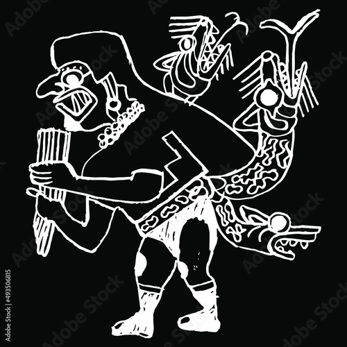 Fantastic fanged man with snakes or dragons. Native American art of Moche Indians from ancient Peru. Indigenous Peruvian  Mochica pottery design. Hand drawn rough sketch. White silhouette on black bac