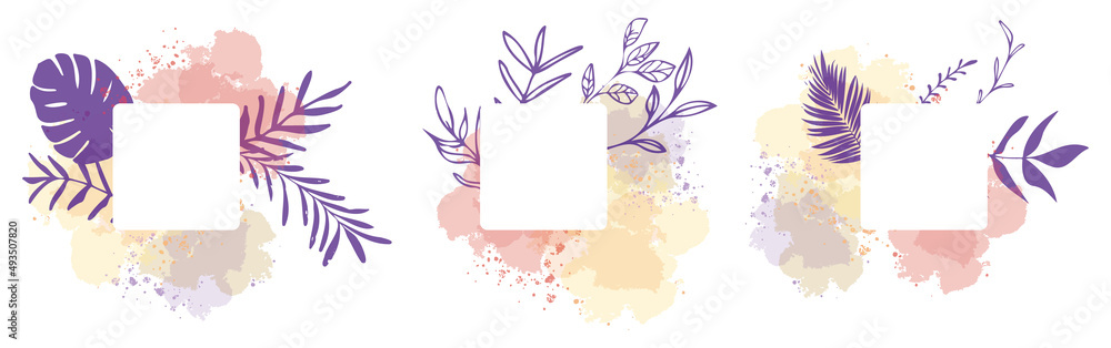 Fototapeta premium Set of floral frames with different grasses, ferns and leaves. Wreaths with ornaments and watercolor effects. Element design. Vector illustration and minimalistic plant set. Hand drawn.