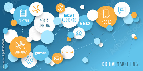 DIGITAL MARKETING vector concept banner with icons and keywords on dark blue background
