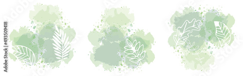 Flower branch and minimalistic plant set. Hand drawn lines, elegant leaves for your own design. Botanical, chic and trendy plants with watercolor splashes.