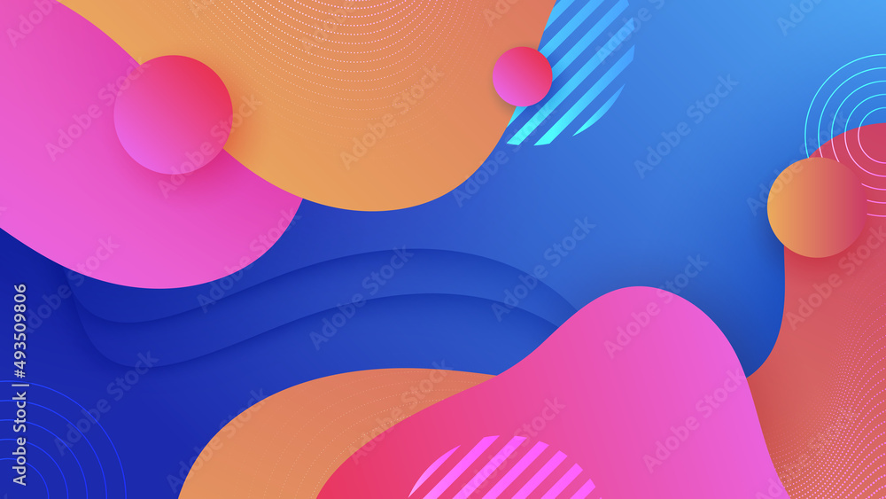 Modern abstract neon gradient blue colorful waves for design background. Blue background with orange yellow pink red gradient geometric shapes. Vector illustration