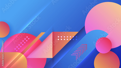 Modern abstract neon gradient blue colorful memphis for design background. Blue background with orange yellow pink red gradient geometric shapes. Vector illustration