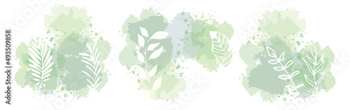 Flower branch and minimalistic plant set. Hand drawn lines, elegant leaves for your own design. Botanical, chic and trendy plants with watercolor splashes.