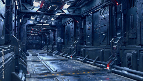 Fototapeta Naklejka Na Ścianę i Meble -  Sci-Fi fantasy corridor in a futuristic space ship or station. 3D rendering.
