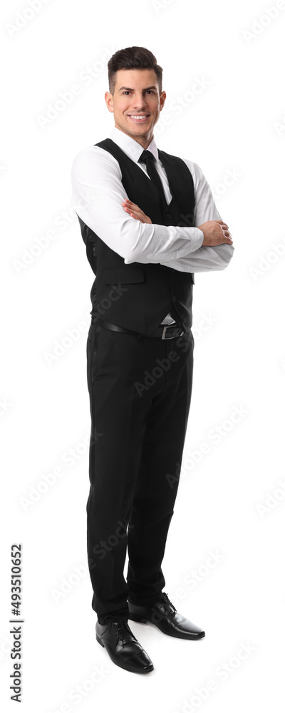 Full length portrait of happy receptionist in uniform on white background