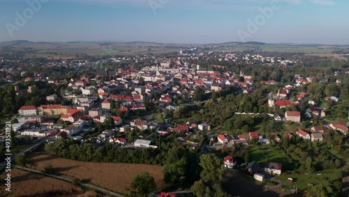 Z?bkowice ?l?skie, drone aerial view of town, late summer 2021. Lower Silesian Voivodeship, Poland. Former name Frankenstein in Schlesien. Drone aerial view in 4k UHD real time. Orbit orbiting flight. photo