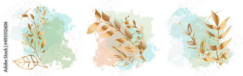 Set of floral frames with different grasses, ferns and leaves. Flowers with ornaments and gold glitter effects. Element design. Vector illustration with colorful watercolors and gold. Hand drawn lines