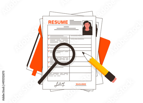 Resume. Human resource management and hiring concept. Job interview, recruitment agency. CV application. Selecting staff