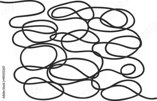 Tangled lines, chaos scribbles, messy squiggles and knots. Hand drawn chaotic doodles, entwined tangle scrawl, random scribble Vector set. Complicated thoughts and ideas, curled maze
