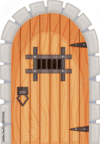 Cartoon medieval castle entrance gates and dungeon door. Old wooden doors with stone surround, ancient castles doorway or gate vector set. Fairytale gothic arch doors for historic building