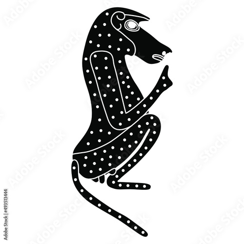 Seated male hamadryas baboon monkey or ape. Ancient Egyptian animal design. Embodiment of god Thoth. Black and white negative silhouette.