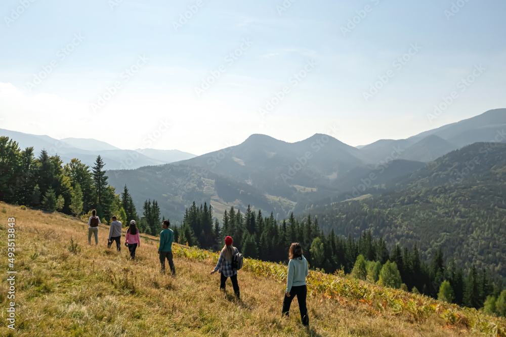 Group of tourists walking on hill in mountains, back view Group of tourists walking on hill in mountains, back view