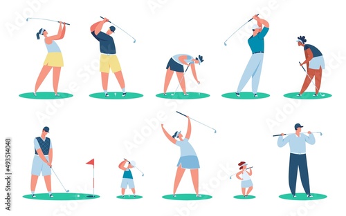 Golfer characters, golf players with clubs, kids golfing. Golfers hitting ball with club, people playing golf, outdoor sports vector set. Woman, man, and children taking part in championship