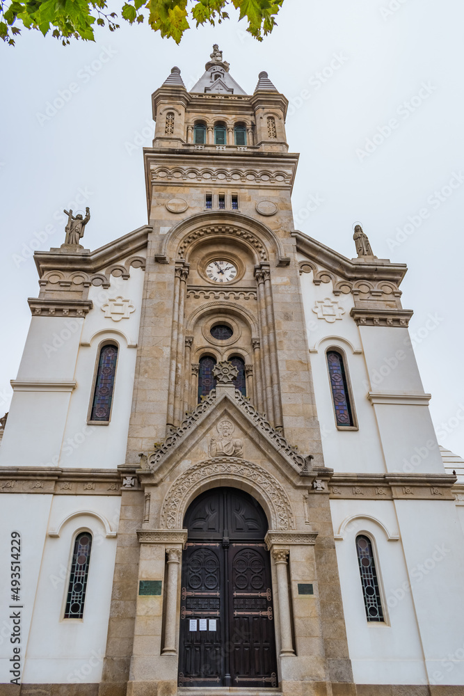 Facade with imposing symmetrical tower of the Church of Our Lady of Help, Espinho PORTUGAL