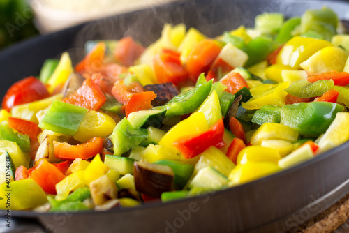 Mixed Colored Peppers and Aubergines Pan Fried. High quality photo
