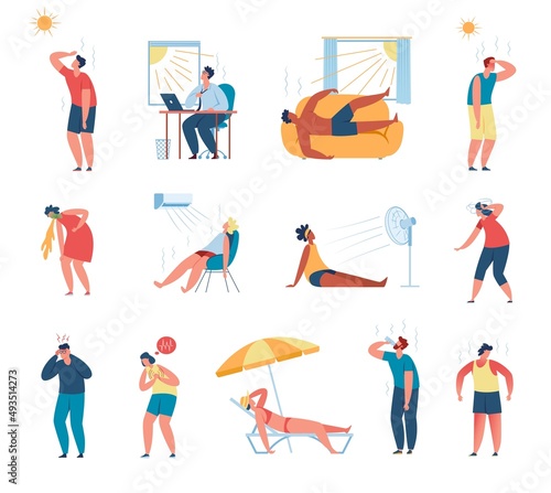 People in hot weather, Men and women suffering from heat stroke. Characters cooling down with fan, drinking water in summer heat Vector set. Sick adults, having headache, heart attack