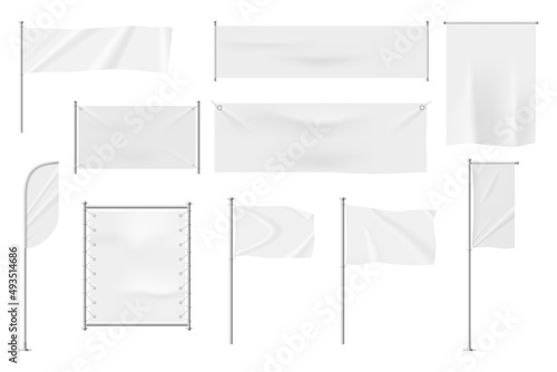 Realistic white textile banners, blank waving flags on flagpoles. Hanging flags, pennant banner, fabric signboard for advertising vector set. Empty template for promotion or announcement