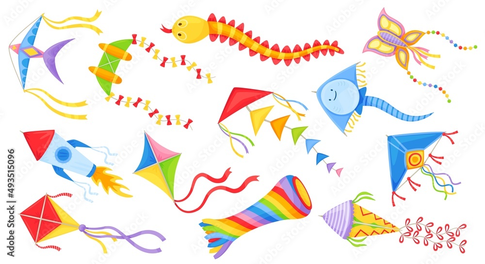 Cartoon flying kites in various shapes, colorful kids wind toys. Butterfly, diamond kite for festival, outdoor summer activity vector set. Childhood leisure entertainment, isolated paper kites