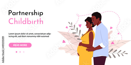 Partnership childbirth vector banner. Woman and her husband waiting for the baby.